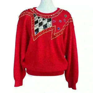 Vintage Western Connection Embellished Women’s Red Sweater Sequins Beads Size L
